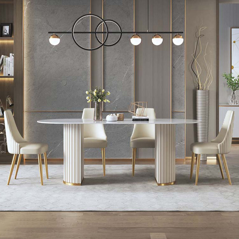 Traditionele luxe ovale eettafel Gesinterde stenen tafel met dubbele voetstukbasis