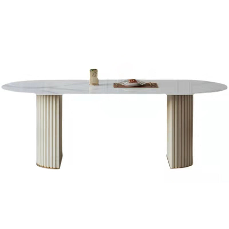 Traditionele luxe ovale eettafel Gesinterde stenen tafel met dubbele voetstukbasis