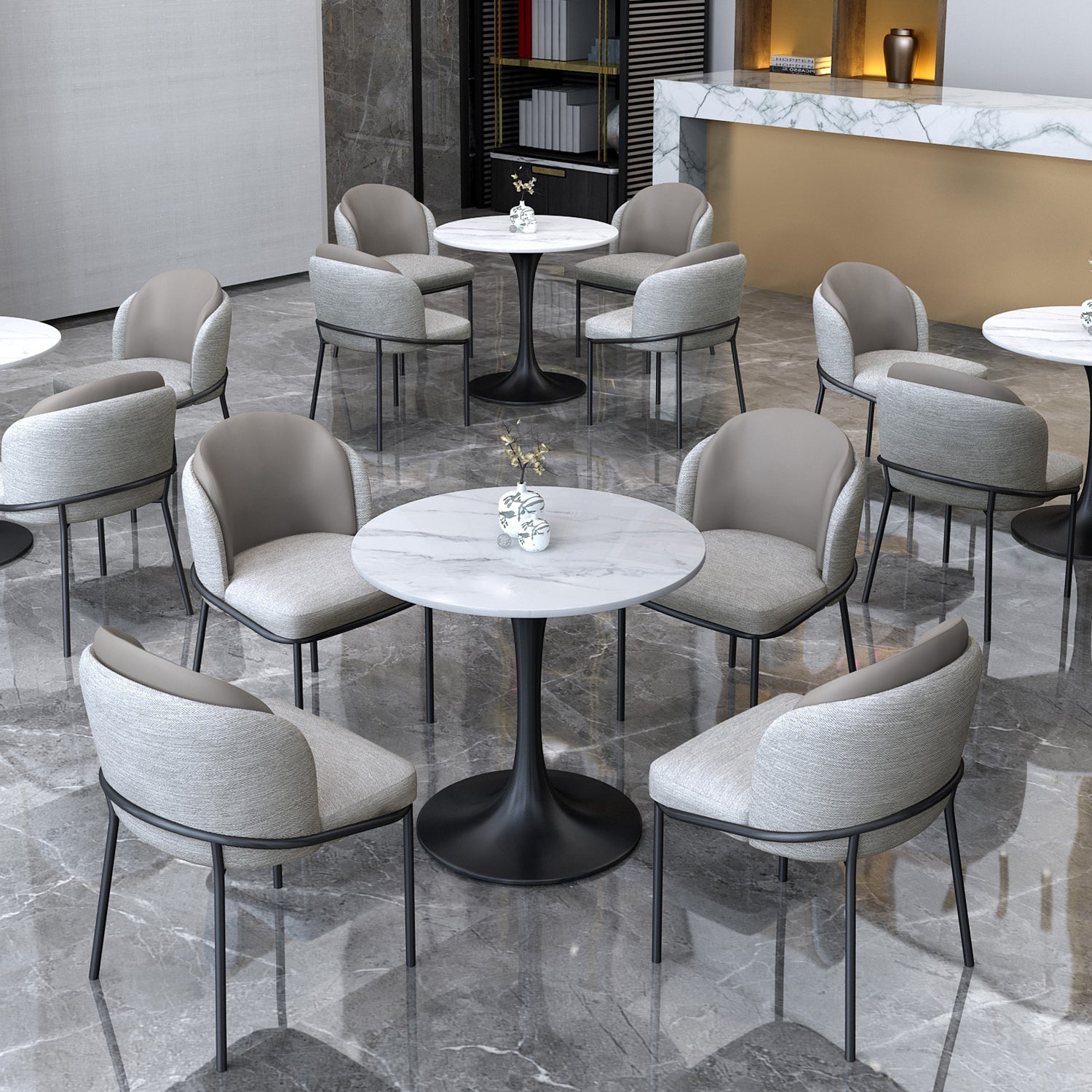 Mesa de comedor estándar Glam White, mesa de comedor de piedra sinterizada de forma redonda con base de tulipán