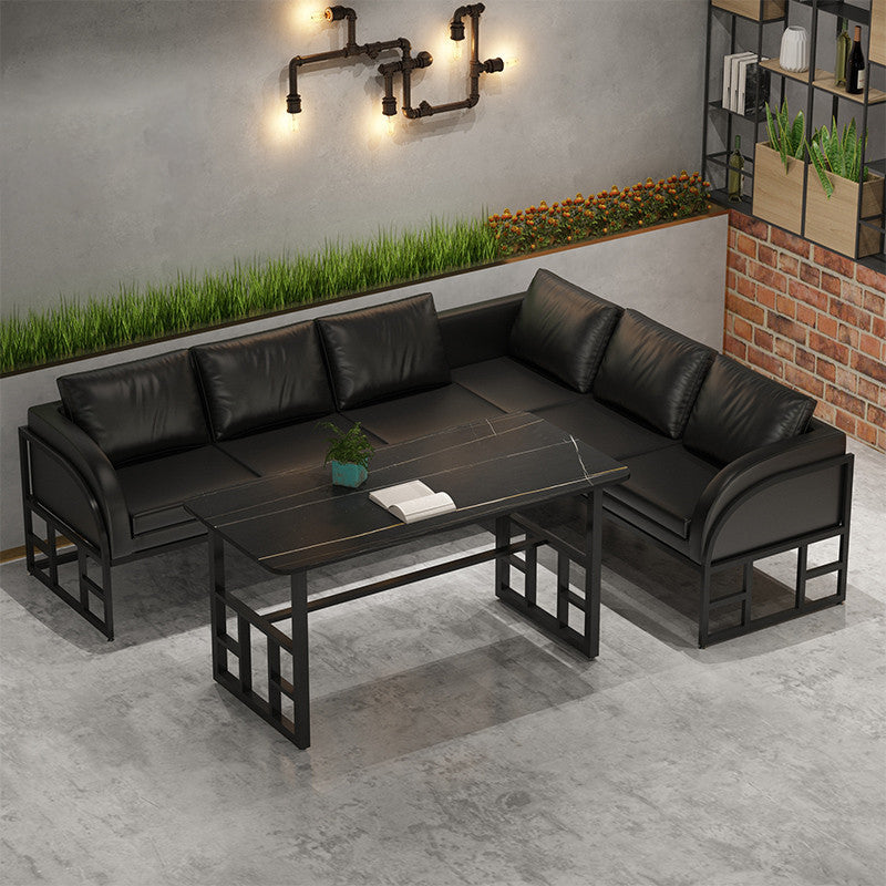 Mesa de comedor industrial Mesa de piedra sinterizada negra con base de caballete negra