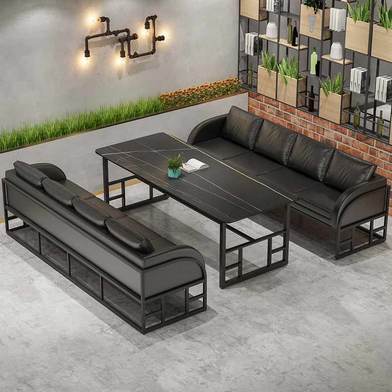 Mesa de comedor industrial Mesa de piedra sinterizada negra con base de caballete negra