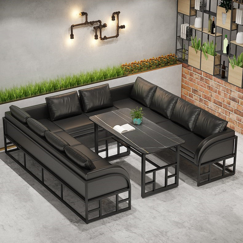 Mesa de comedor industrial Mesa de piedra sinterizada negra con base de caballete negra