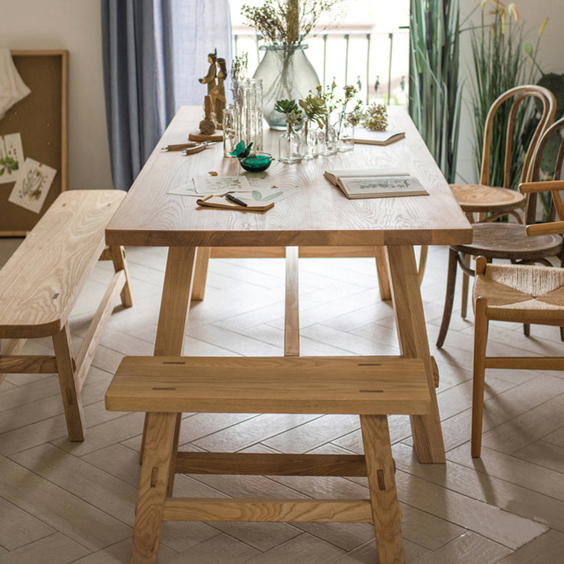 Einfache massive Holzküche Esstisch Khaki Rechteck Form Esstisch mit Trestle Basis
