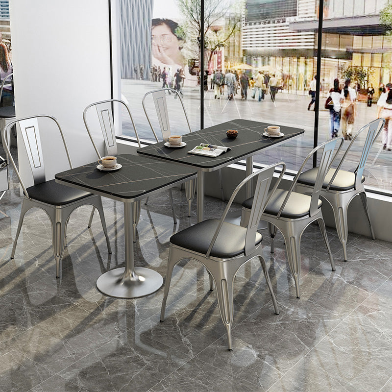 Mesa de comedor de piedra sinterizada de estilo industrial, mesa cuadrada y rectangular con base metálica para el hogar