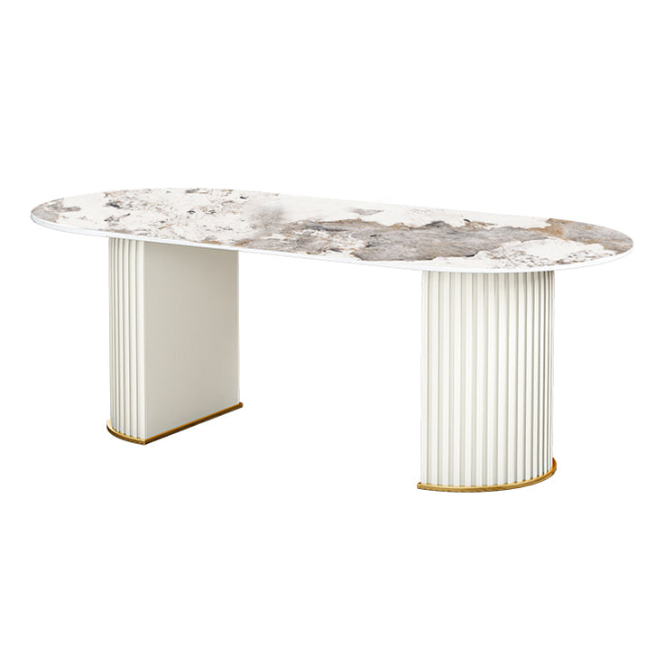 Glam Eettafel van gesinterd steen Ovale keukeneettafel met dubbele voetstukonderstellen