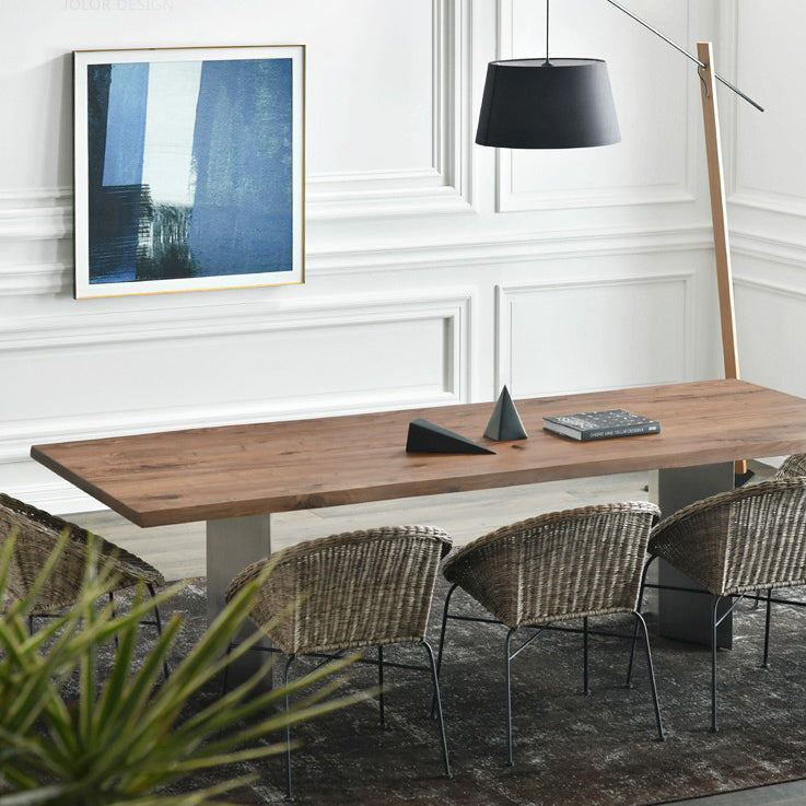 Solid Wood Brown Tone Dining Table Glam Style Double Pedestal Table for Dining Room