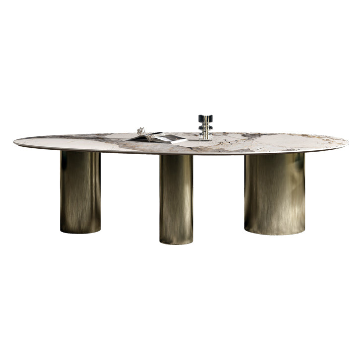 Traditional Luxury Oval Dining Room Table White Sintered Stone Table with 3 Gold Legs