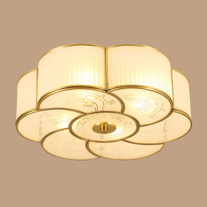 Lámpara de techo de cobre estilo retro colonial con montaje empotrado de vidrio blanco para dormitorio