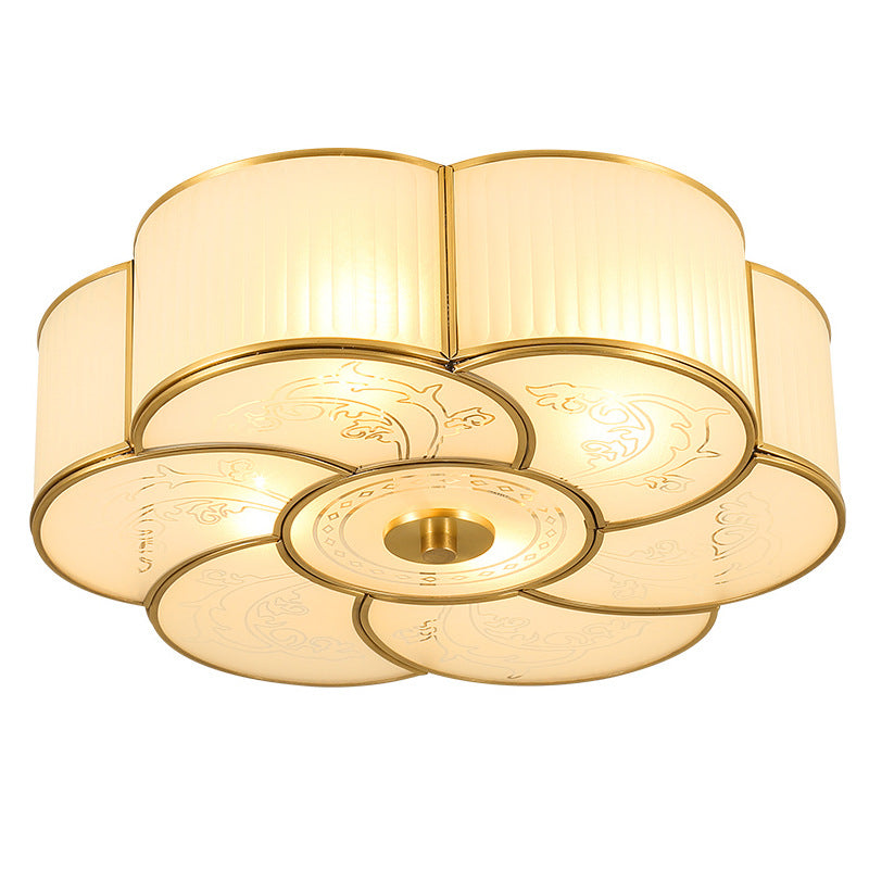 Lámpara de techo de cobre estilo retro colonial con montaje empotrado de vidrio blanco para dormitorio