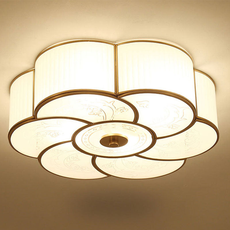 Lámpara de techo de cobre estilo retro colonial con montaje empotrado de vidrio blanco para dormitorio