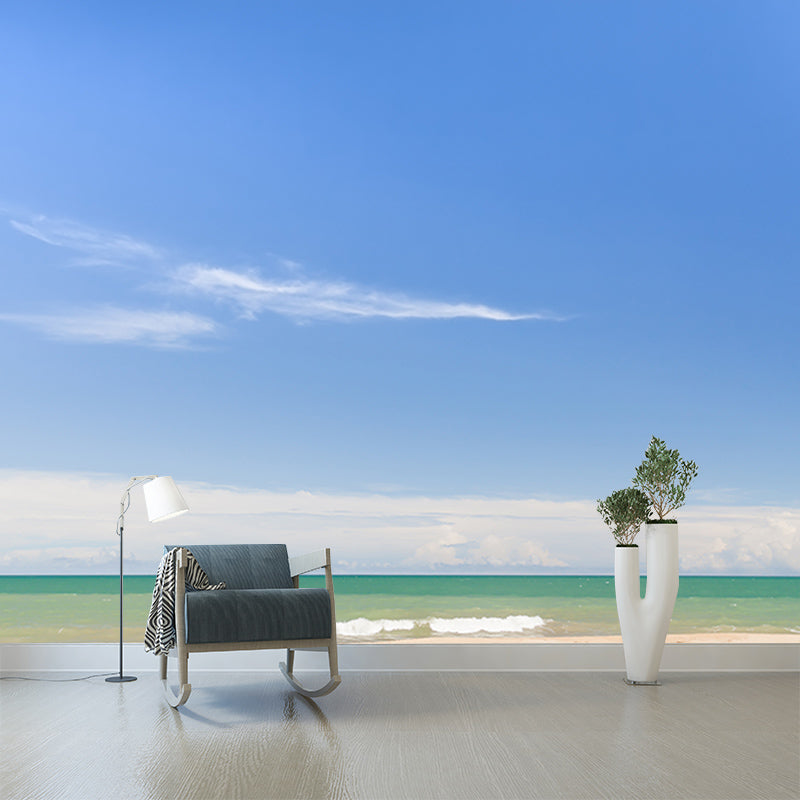 Blue Beach Landscape Wall Mural Mildew Resistant Wallpaper for Dining Room