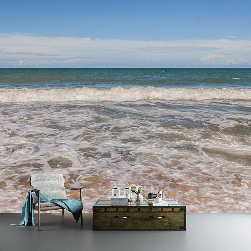 Blue Beach Landscape Wall Mural Mildew Resistant Wallpaper for Dining Room