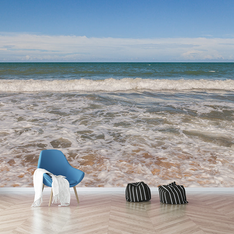 Blue Beach Landscape Wall Mural Mildew Resistant Wallpaper for Dining Room