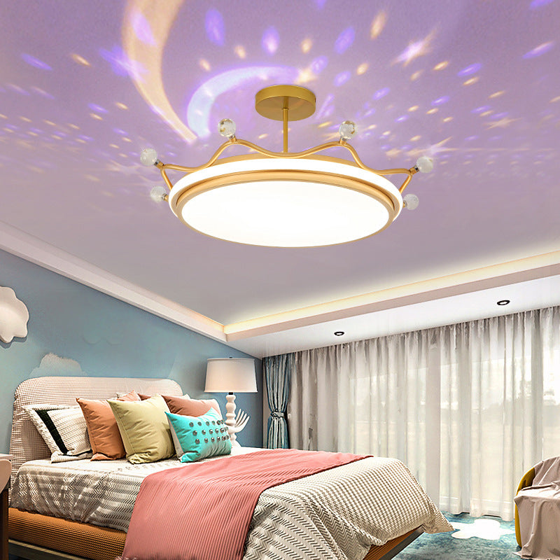 Crown Semi-Flush Ceiling Light with RGB Sky Projection Design Cartoon Flush Mount Light Fixture