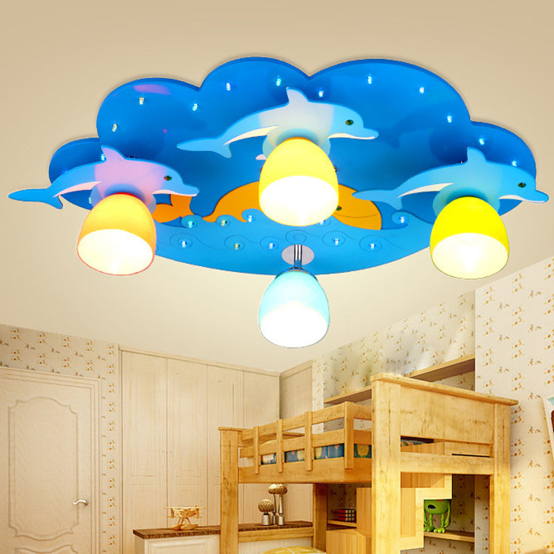 Nautical Dolphin Flushmount Light Amusement Park Wood 4 Lights Ceiling Lamp in Blue