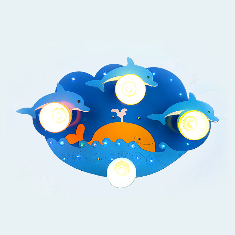 Nautical Dolphin Flushmount Light Amusement Park Wood 4 Lights Ceiling Lamp in Blue