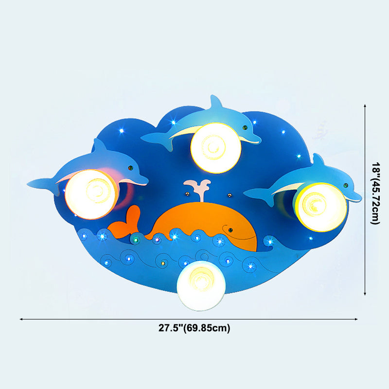 Nautical Dolphin Flushmount Light Amusement Park Wood 4 Lights Ceiling Lamp in Blue