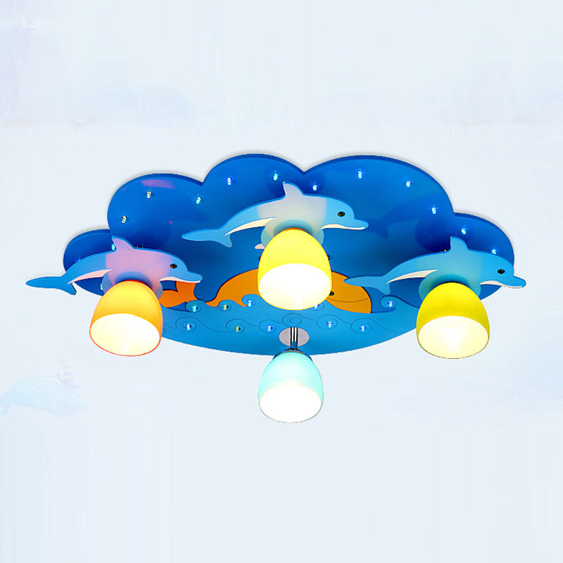 Nautical Dolphin Flushmount Light Amusement Park Wood 4 Lights Ceiling Lamp in Blue