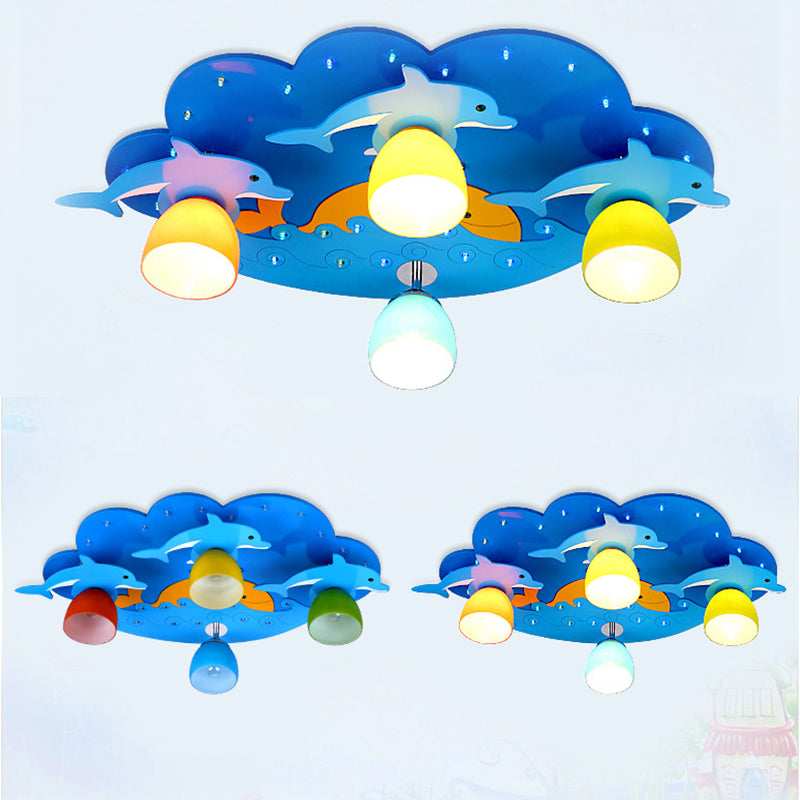 Nautical Dolphin Flushmount Light Amusement Park Wood 4 Lights Ceiling Lamp in Blue