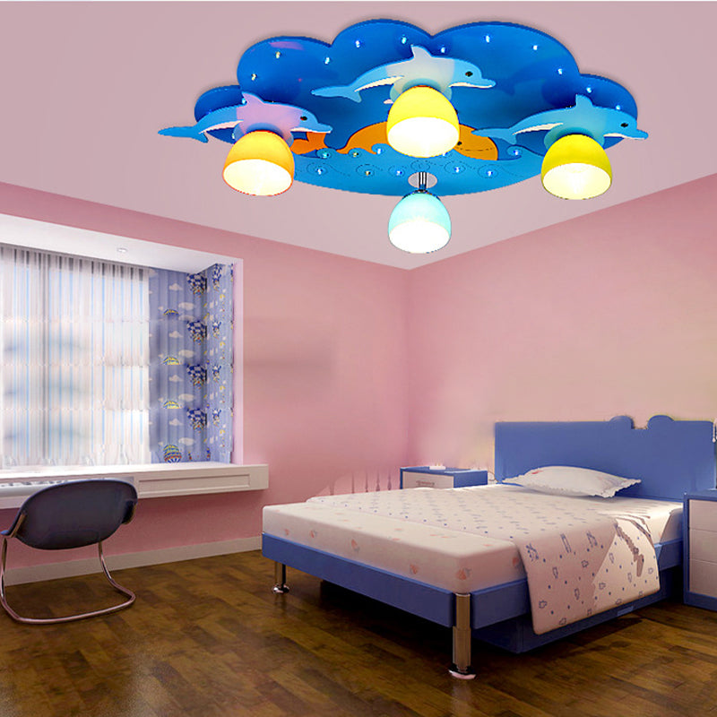 Nautical Dolphin Flushmount Light Amusement Park Wood 4 Lights Ceiling Lamp in Blue