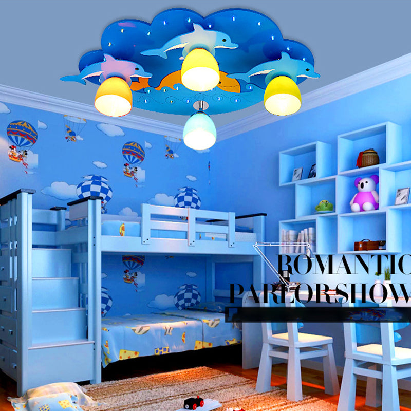 Nautical Dolphin Flushmount Light Amusement Park Wood 4 Lights Ceiling Lamp in Blue