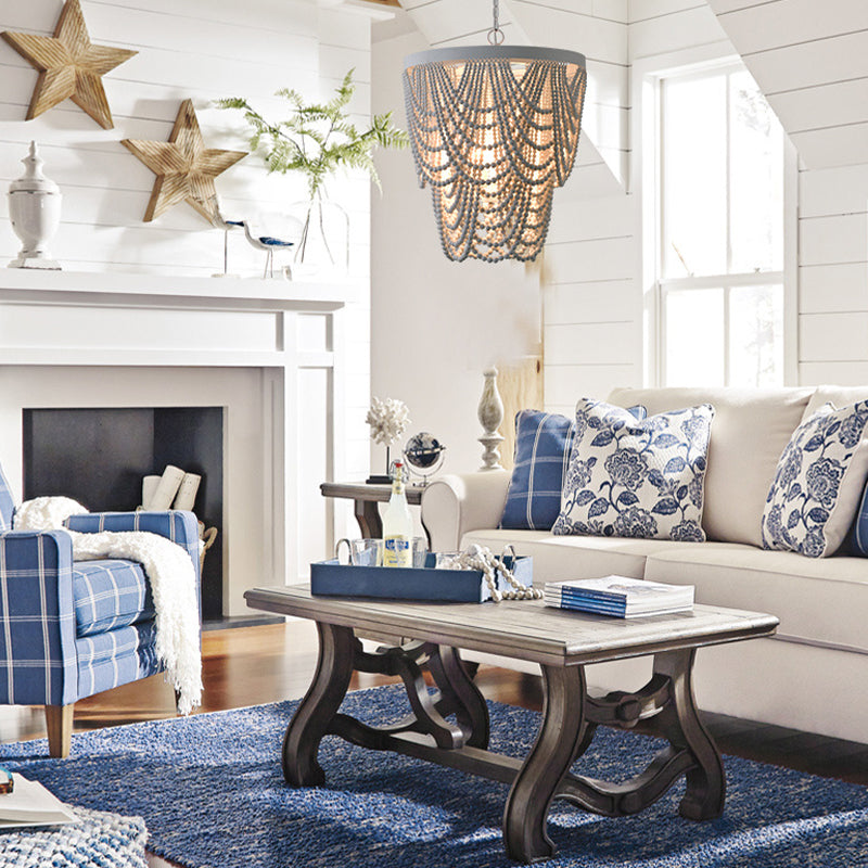 Lustre en bois rétro lustre de style country français de style perle en bois lumière pour le salon