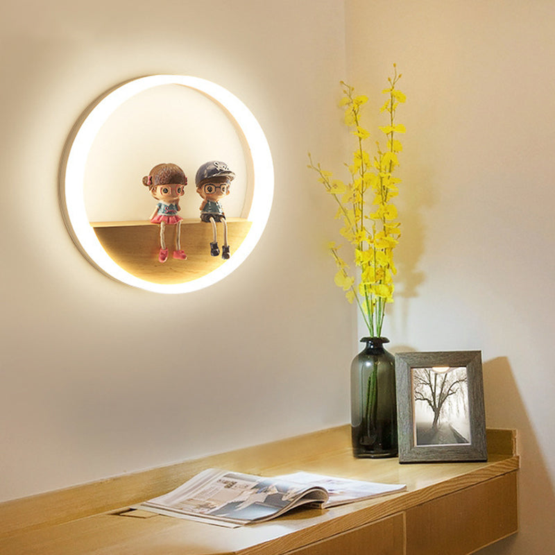 Circular Acrylic LED Wall Sconce Lighting Nordic Wooden Shelf Wall Lamp for Bedroom