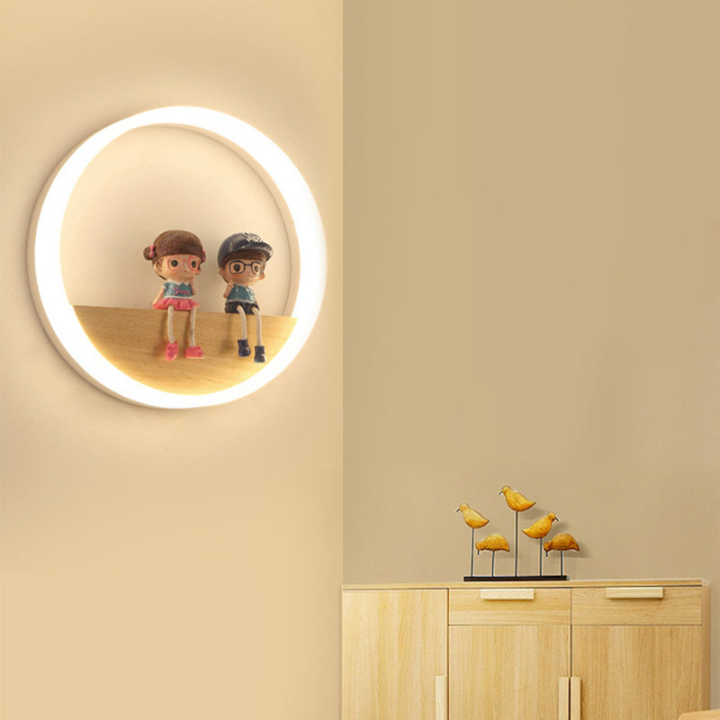 Circular Acrylic LED Wall Sconce Lighting Nordic Wooden Shelf Wall Lamp for Bedroom