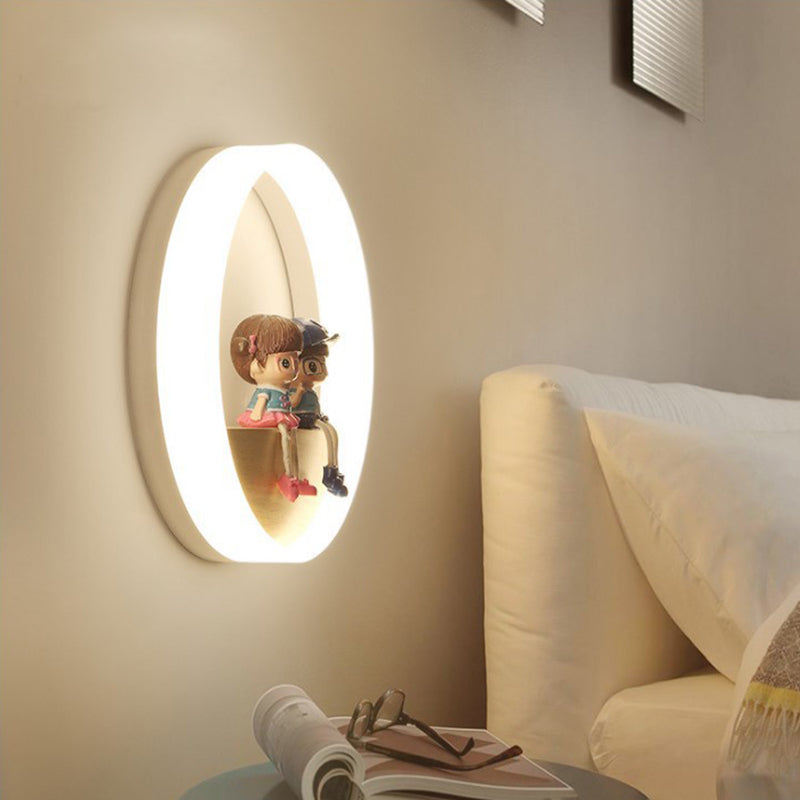 Circular Acrylic LED Wall Sconce Lighting Nordic Wooden Shelf Wall Lamp for Bedroom
