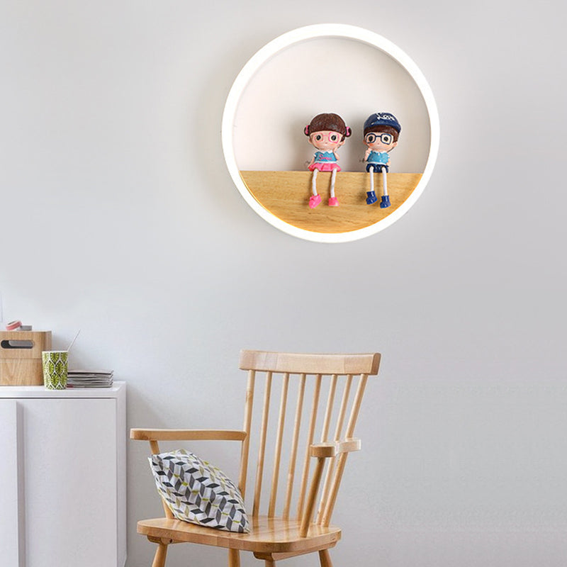 Circular Acrylic LED Wall Sconce Lighting Nordic Wooden Shelf Wall Lamp for Bedroom