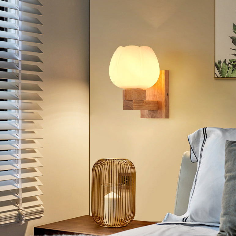Modern Simple Glass Wall Sconce Wooden 1-Light Wall Light for Bedroom and Aisle