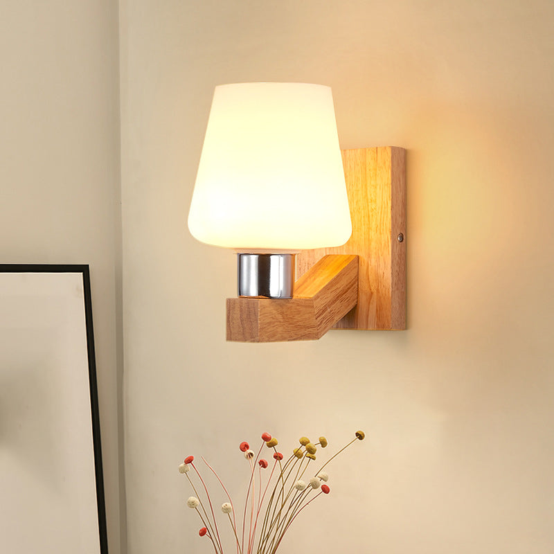 Modern Simple Glass Wall Sconce Wooden 1-Light Wall Light for Bedroom and Aisle