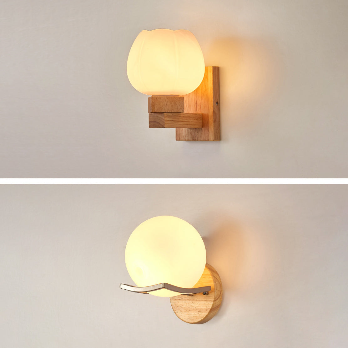 Modern Simple Glass Wall Sconce Wooden 1-Light Wall Light for Bedroom and Aisle