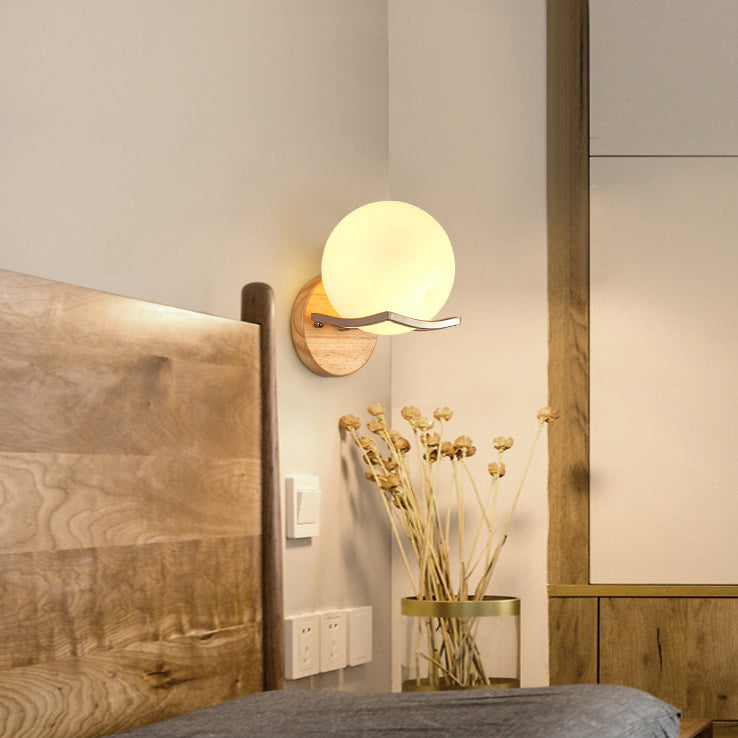 Modern Simple Glass Wall Sconce Wooden 1-Light Wall Light for Bedroom and Aisle