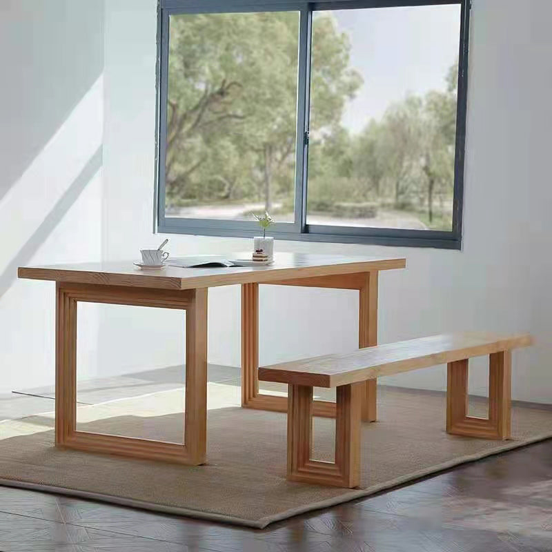 Rechthoek houten tafel in de natuur moderne dennenafel met dubbele voetstuk