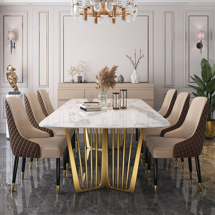 Traditional Luxury Stone Table Rectangle Dining Table with Stainless Steel Double Pedestal