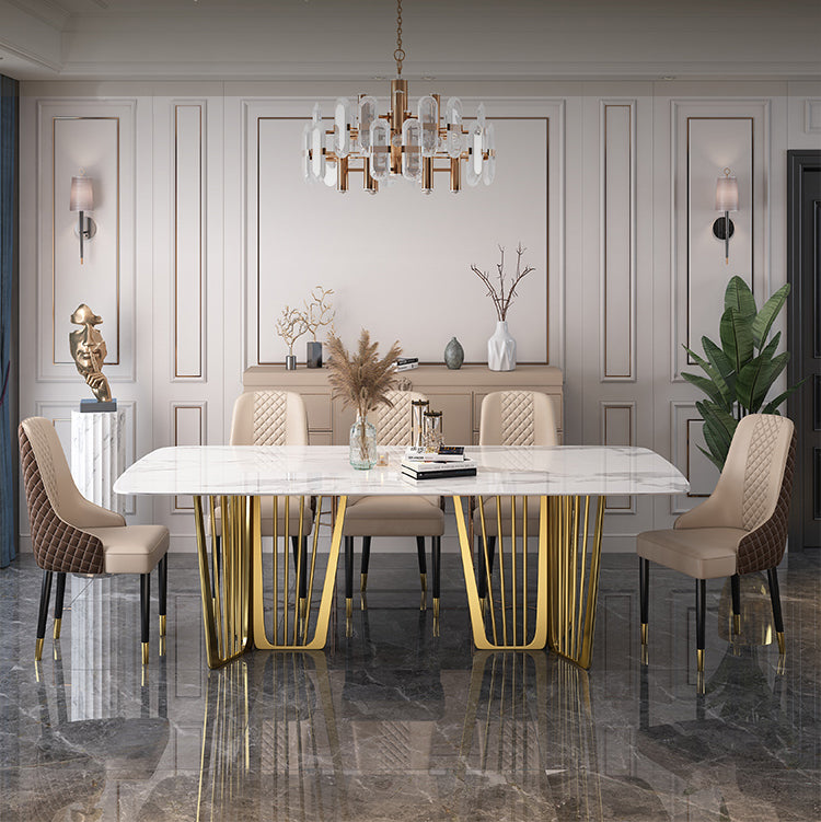 Traditional Luxury Stone Table Rectangle Dining Table with Stainless Steel Double Pedestal