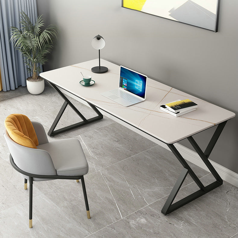 Rectangle Minimalist Dining Table White Tone Fixed Table of Sintered Stone