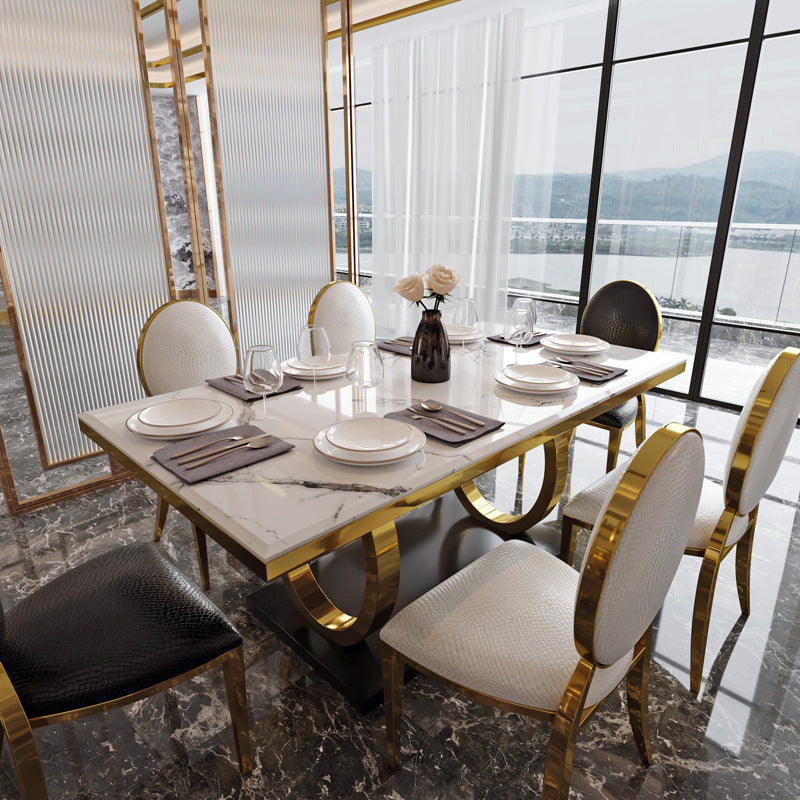 Traditional Luxury Marble Dining Table Rectangle Table with Metal Pedestal