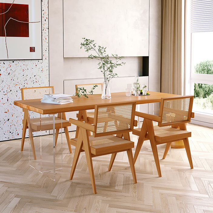 Minimalist Khaki Solid Wood Dining Table Rectangle Shape Dining Table with Double Pedestal Bases