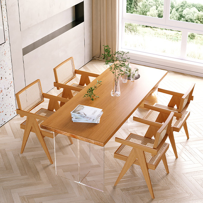 Minimalist Khaki Solid Wood Dining Table Rectangle Shape Dining Table with Double Pedestal Bases