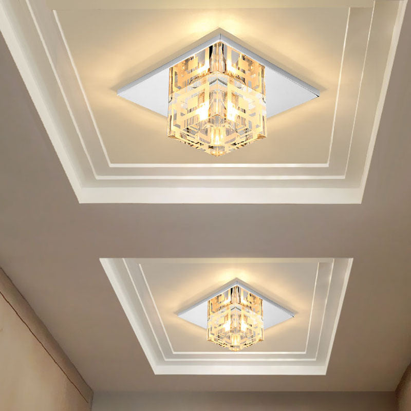 Modern Style Square Shaped Ceiling Fixture Crystal Flush Mount with Hole 2-3.5'' Dia