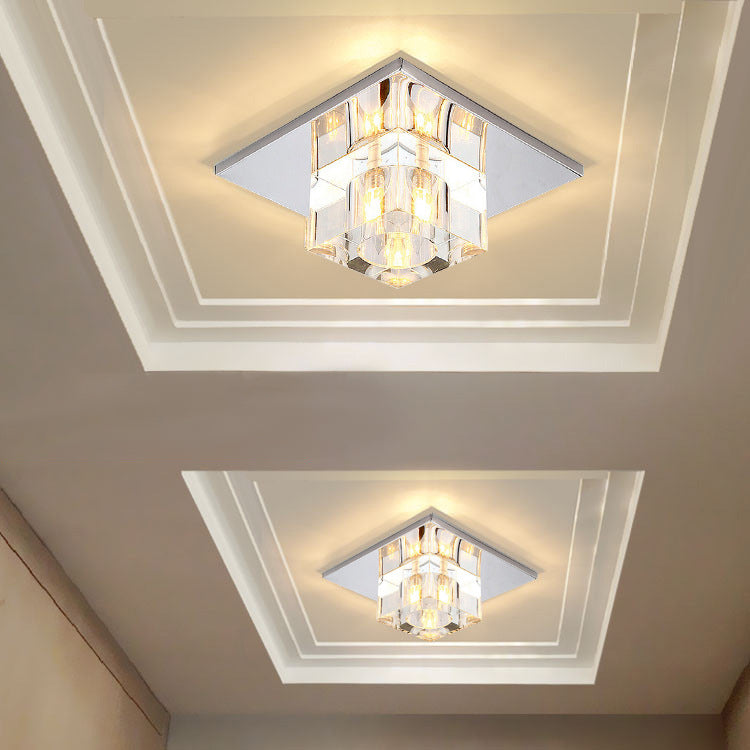 Modern Style Square Shaped Ceiling Fixture Crystal Flush Mount with Hole 2-3.5'' Dia