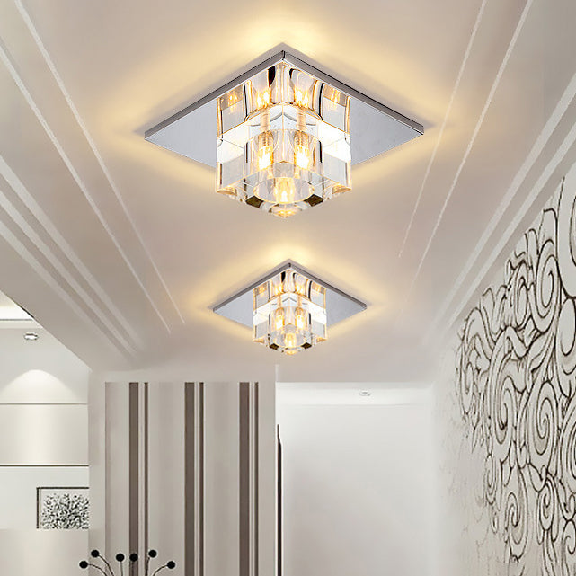 Modern Style Square Shaped Ceiling Fixture Crystal Flush Mount with Hole 2-3.5'' Dia