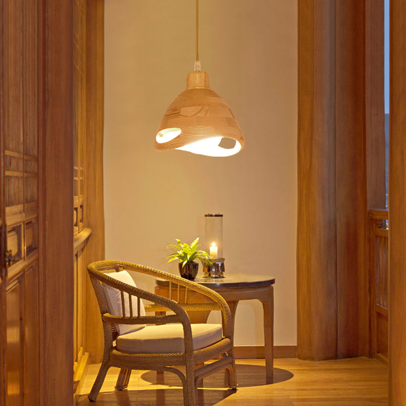 Bedroom Contemporary Hanging Light Creative Wood Shade Pendant Lamp in Beige