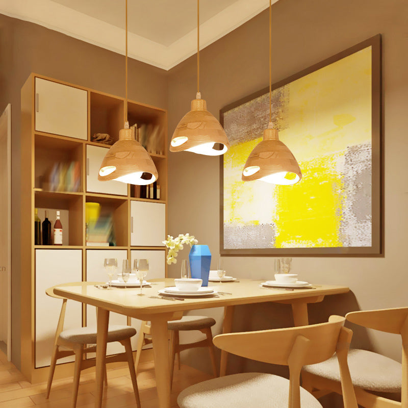 Bedroom Contemporary Hanging Light Creative Wood Shade Pendant Lamp in Beige