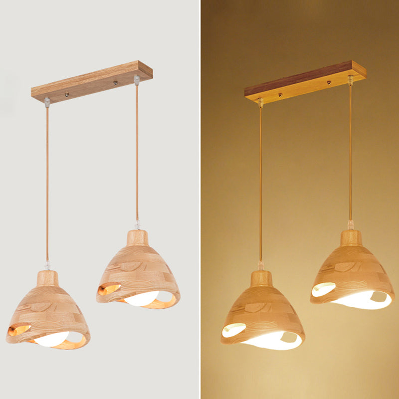 Bedroom Contemporary Hanging Light Creative Wood Shade Pendant Lamp in Beige