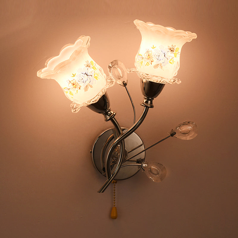 Modern Flower Flush Mount Wall Sconce 2-Light Bedroom Wall Sconce Lights with Grass Shade