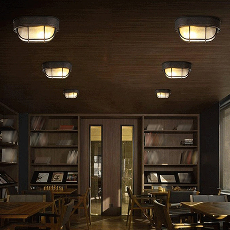 Single-Bulb Oval Flush Light Industrial Frosted White Rib Glass Wall Lamp Ceiling Light for Outdoor
