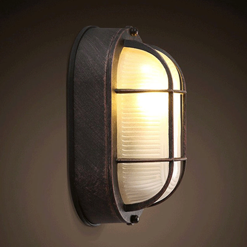 Single-Bulb Oval Flush Light Industrial Frosted White Rib Glass Wall Lamp Ceiling Light for Outdoor